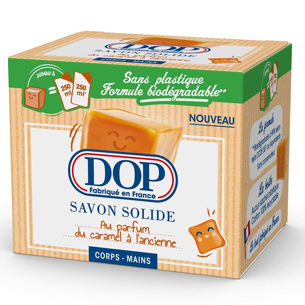Kartonverpackung mit DOP-Festseife. Aufschrift: "Savon solide", "Au parfum du caramel à l'ancienne".