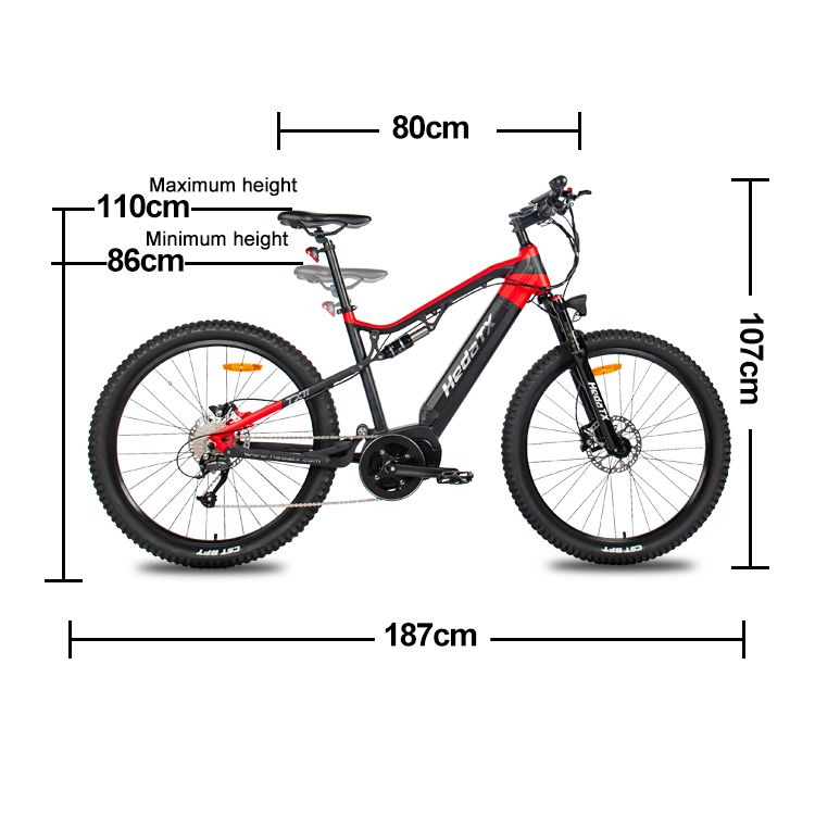 E-Mountainbike mit Maßangaben. Gesamtlänge 187cm, Höhe 107cm, Lenkerbreite 80cm. Sattelhöhe 86-110cm.