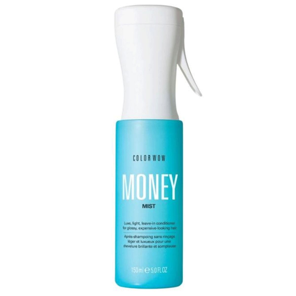 Color Wow Money Mist Leave-in Conditioner in einer türkisfarbenen Sprühflasche mit weißem Sprühkopf.
