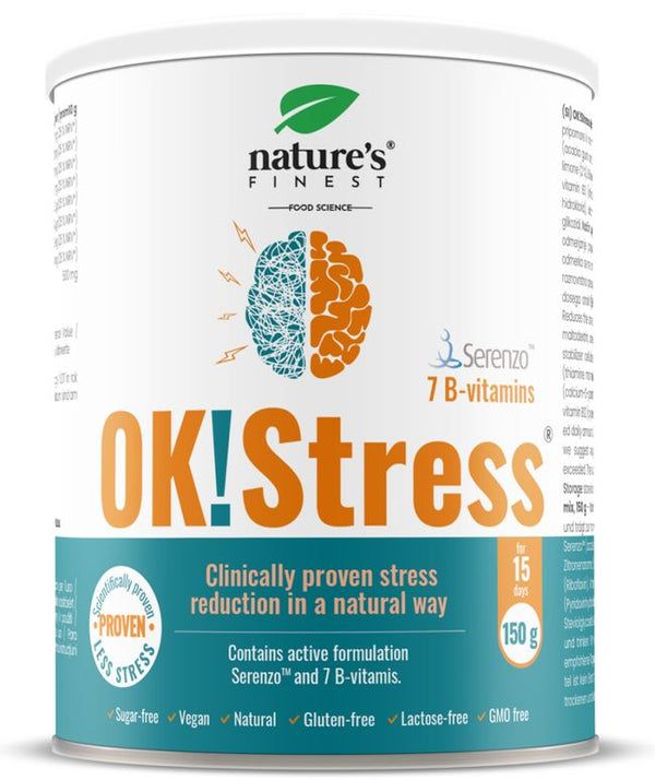 Zylinderdose mit OK!Stress. Aufschrift: Nature's Finest, OK!Stress, 7 B-Vitamine, 150g. Klinisch nachgewiesene Stressreduktion.