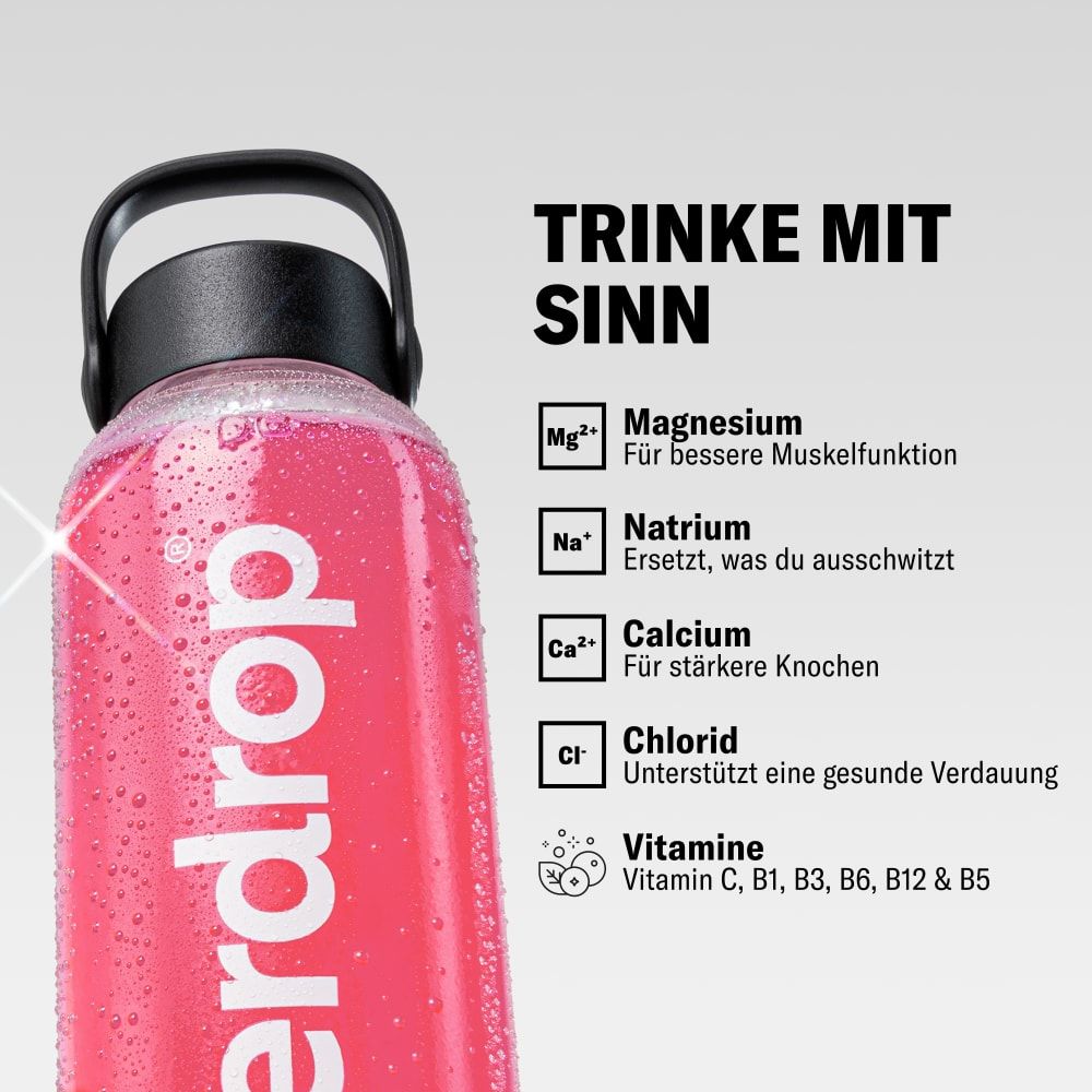 Wasserflasche mit waterdrop® Logo, daneben eine Liste von Inhaltsstoffen wie Magnesium und Vitamine.