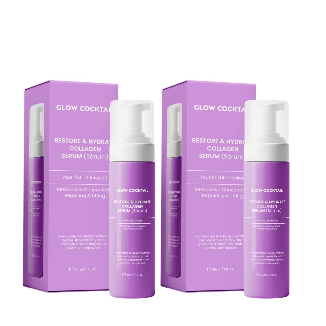 Zwei lila Kartons und zwei lila Flaschen mit weißen Pumpköpfen. Text: Glow Cocktail, Restore & Hydrate Collagen Serum.