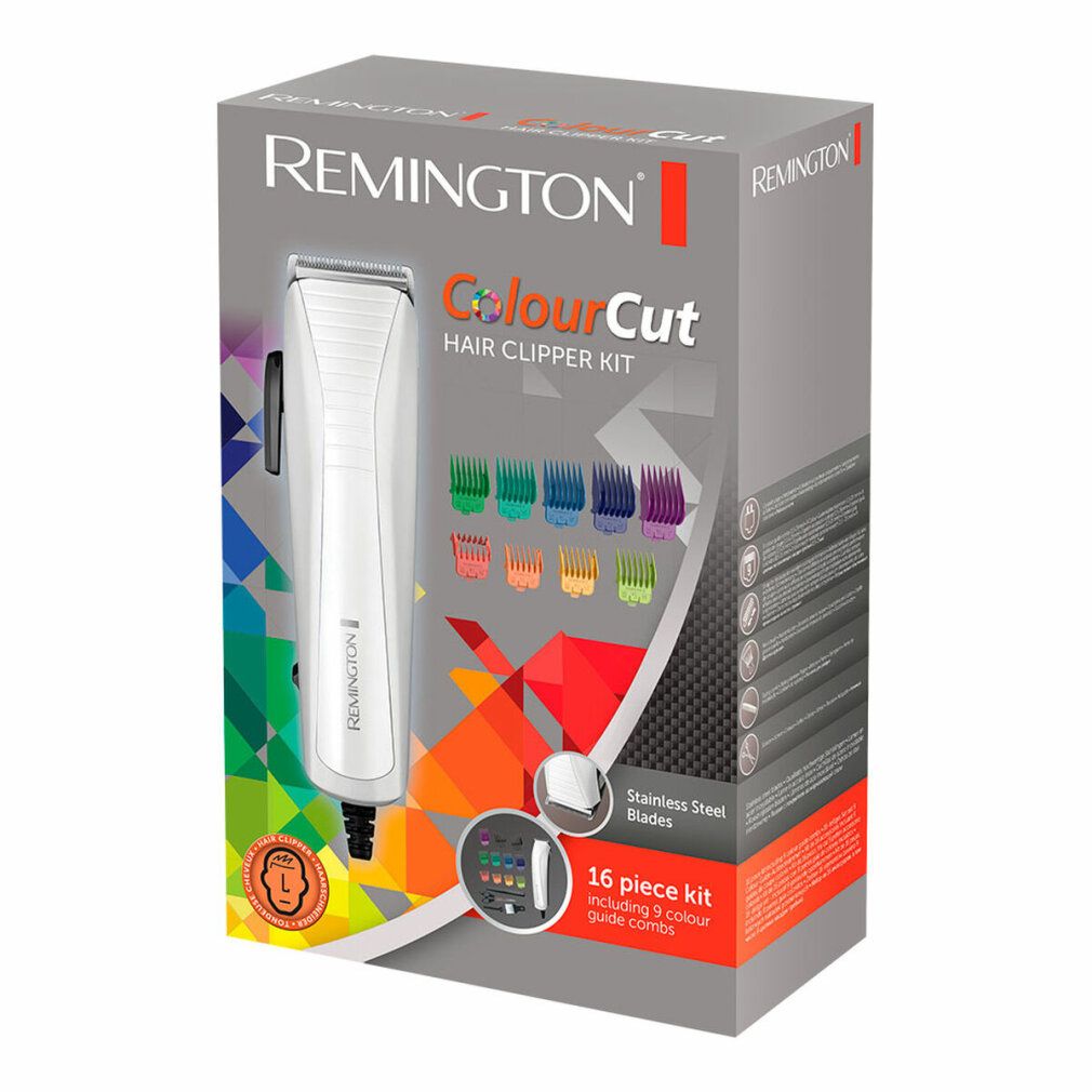 Verpackung für einen Haarschneider. Marke Remington. Enthält Zubehör.