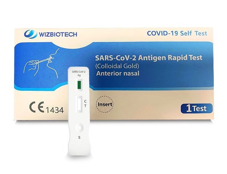 COVID-19-Schnelltest-Kit. Enthält Teststreifen und Verpackung mit Produktinformationen. CE-Kennzeichnung. 1 Test.