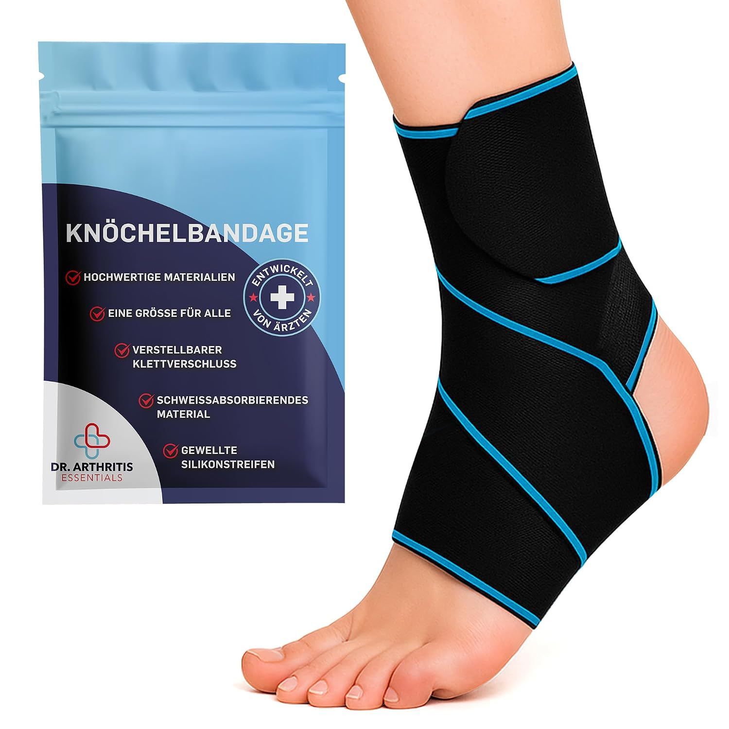 Schwarze Knöchelbandage mit blauen Akzenten und dazugehöriger Verpackung.