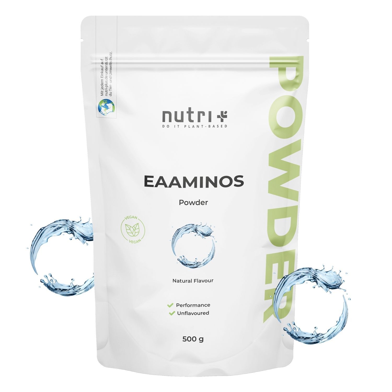 Weiße Tüte mit 'EAAAMINOS' und 'Powder' Aufdruck. Logo und Wasser-Grafik. 500g.