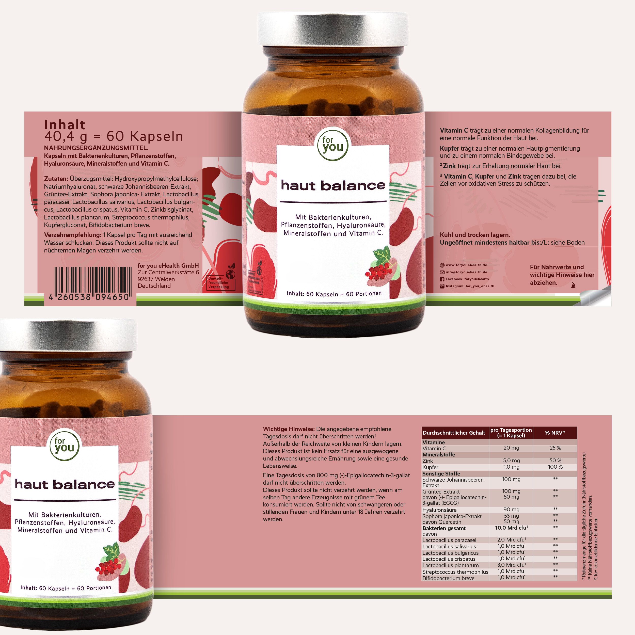 Produktverpackung mit brauner Flasche und Kapseln. Aufschrift: Haut Balance. Inhaltsstoffe und Nährwertangaben sind aufgedruckt.