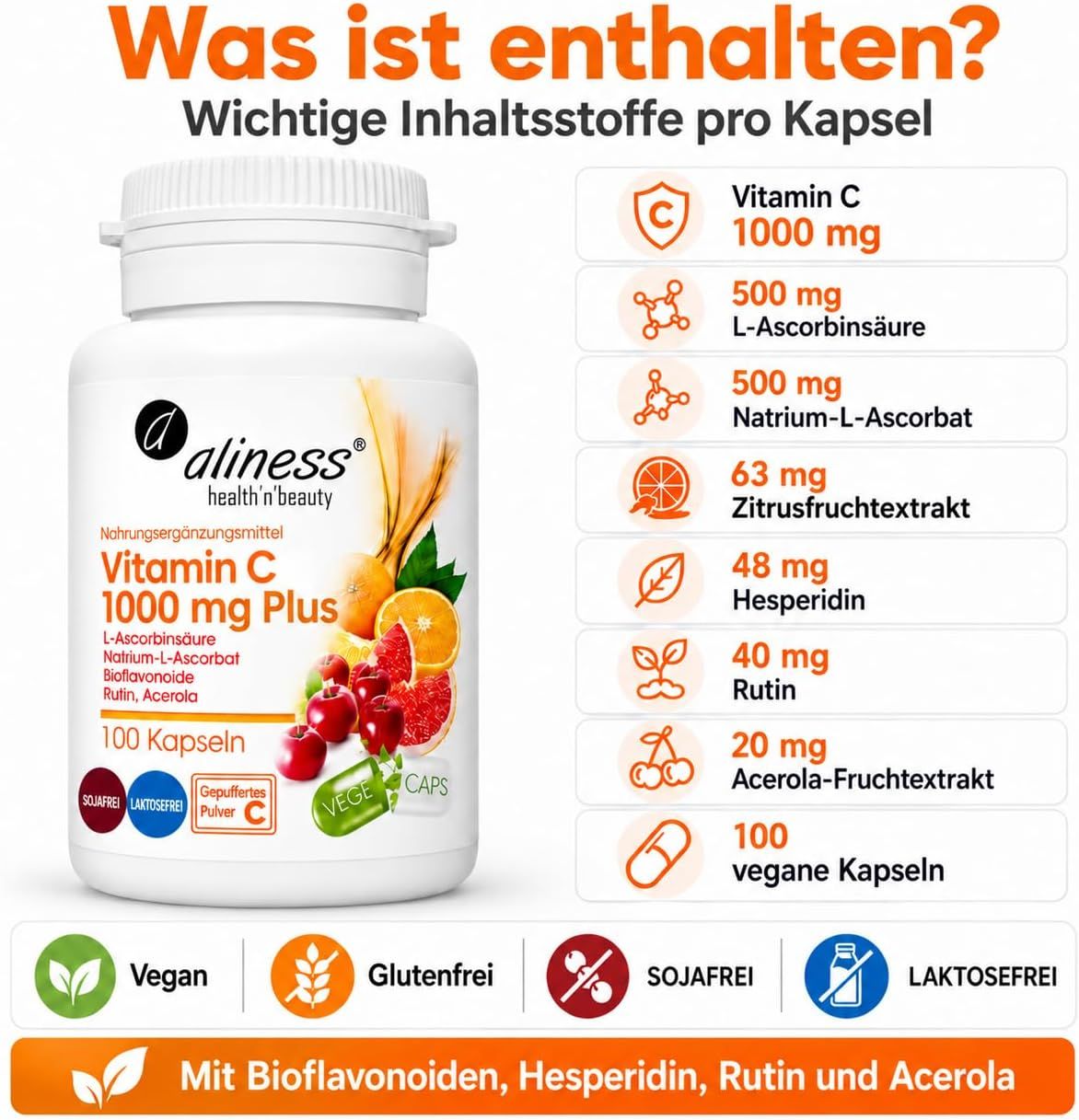 Flasche mit Vitamin C 1000 mg Plus, 100 Kapseln.