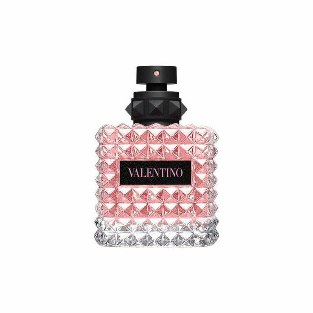 Valentino Born in Roma Eau de Parfum. Rosa Flakon mit pyramidenförmigen Details. Schwarzer Deckel mit schwarzem Detail.