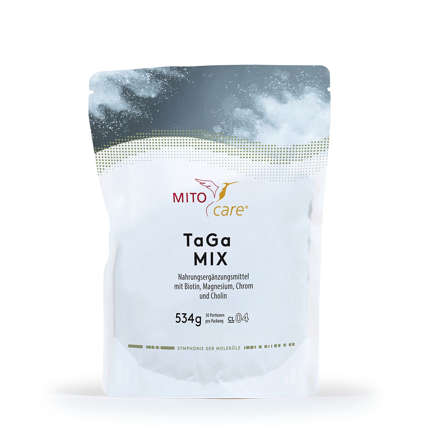 Vorderseite eines MITOcare TaGa Mix Beutels, 534g, mit Hinweisen zu Biotin, Magnesium, Chrom und Cholin.