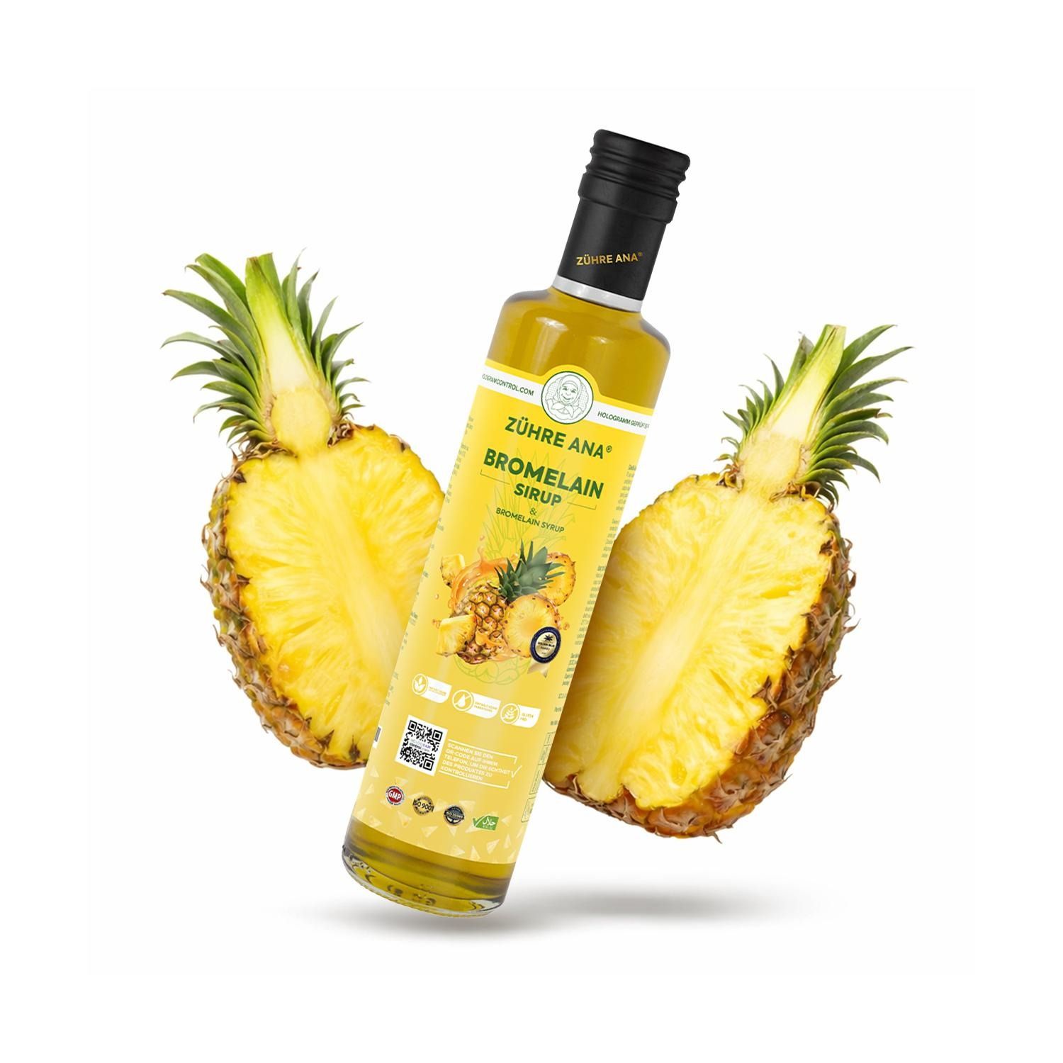 Flasche Zühre Ana Bromelain Sirup, umgeben von zwei Hälften einer Ananas.