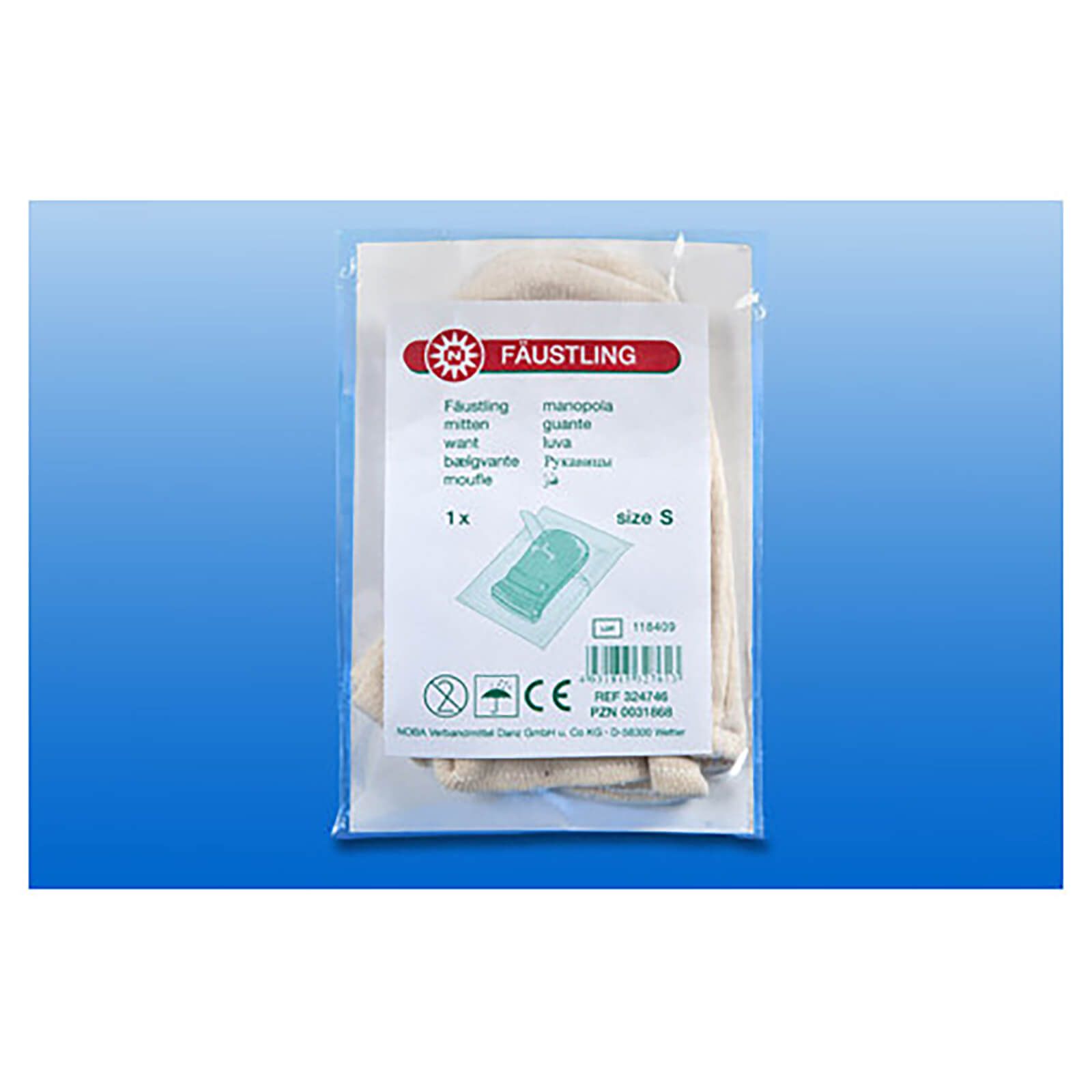 Verpackung mit zwei Fäustlingen. Aufdruck mit Produktname, Größe S und PZN.