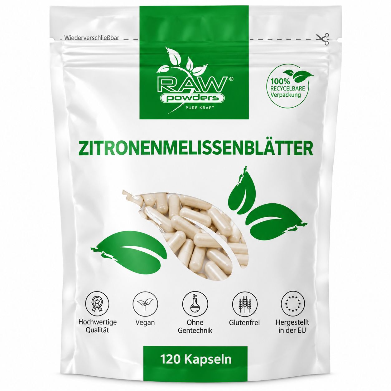 Eine einzelne weiße Kapsel mit der Aufschrift "300mg Melissenextrakt pro Kapsel". "Pflanzliche Kapseln" und "Abends" sind sichtbar.