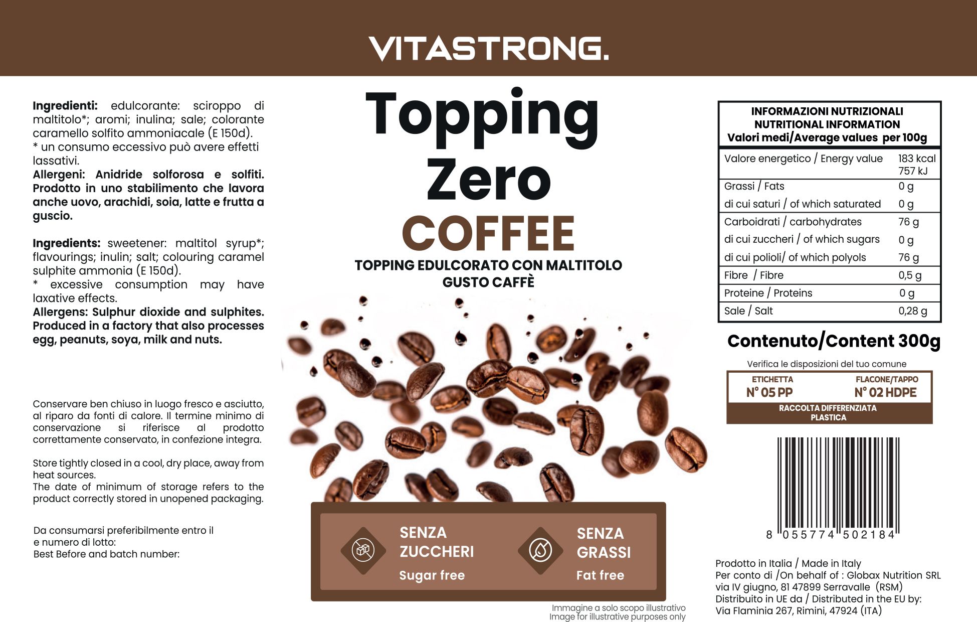Etikett mit Produktinformationen. "Vitastrong Topping Zero Coffee". Text: "Ohne Zucker", "Ohne Fett". Kaffeebohnen-Illustration.