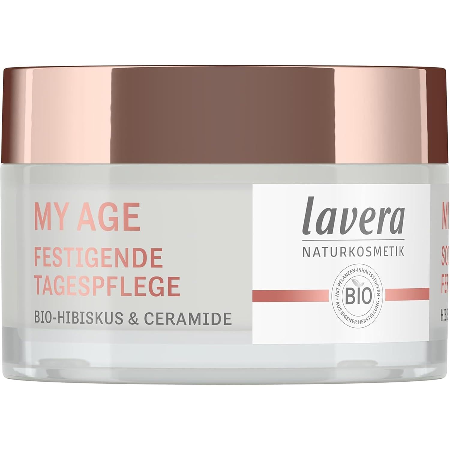 Cremetiegel mit Deckel. Aufschrift: lavera My Age festigende Tagespflege. Bio-Siegel. Produktname und Inhaltsstoffe.