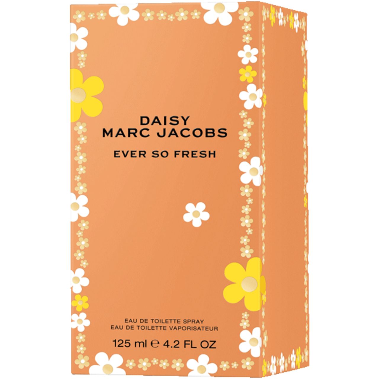 Orangefarbener Karton mit weißen und gelben Blumen. Aufschrift: Daisy Marc Jacobs Ever so Fresh. Unten: 125 ml 4.2 FL OZ.