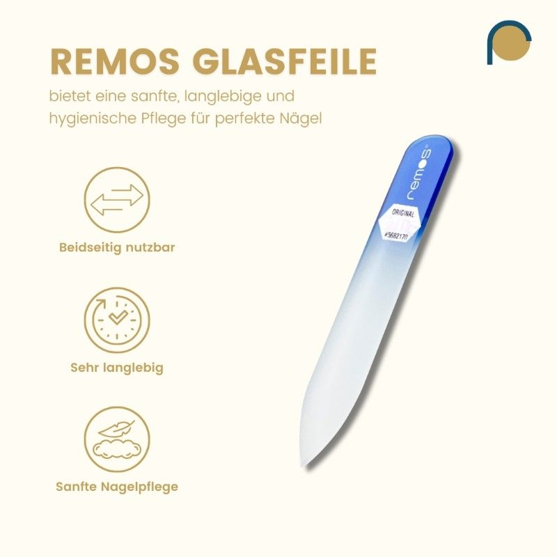 Glasnagelfeile, beidseitig, blau-weiß. Marke remos. Für sanfte Nagelpflege.