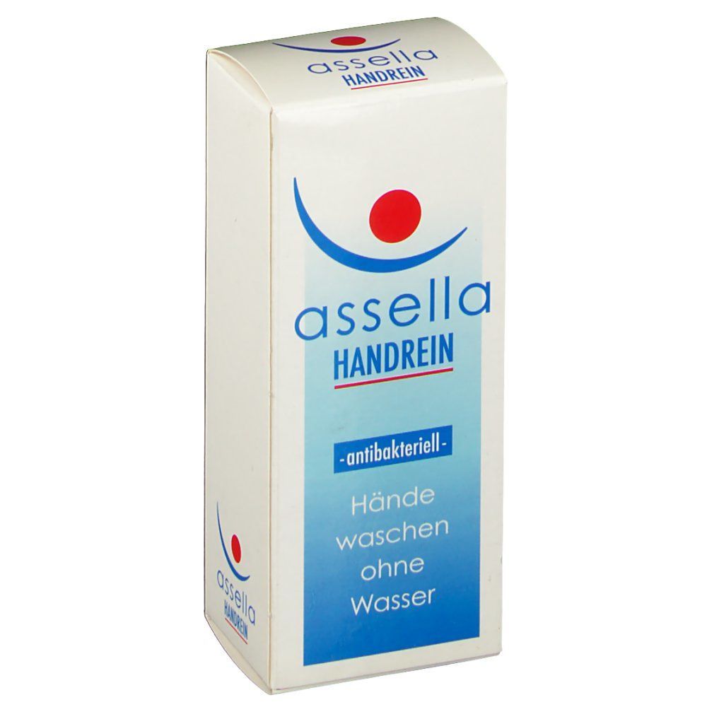Weiße Schachtel mit blauem Logo und rotem Punkt. Text: assella HANDREIN, -antibakteriell-, Hände waschen ohne Wasser.