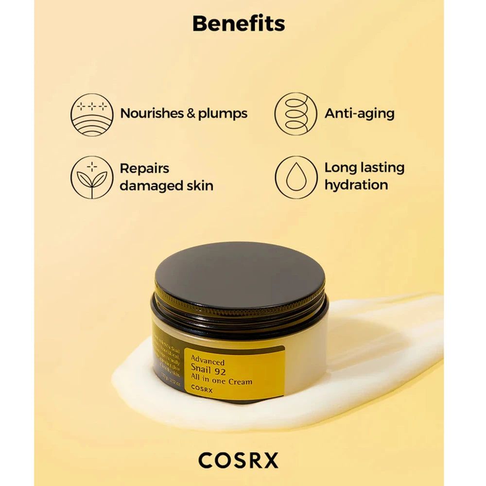 COSRX All in One Cream Tiegel mit Vorteilen: Nourishes & plumps, Anti-aging, Repairs damaged skin, Long lasting hydration.