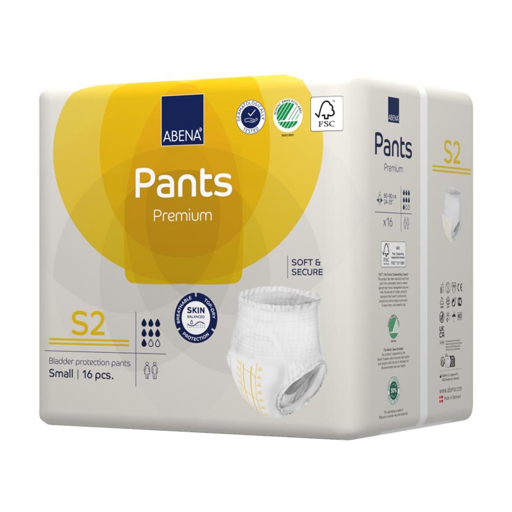 Abena Pants Premium S2-Packung. Aufschrift: Pants, Premium, S2, 16 Stück. FSC-Siegel. Produktabbildung.