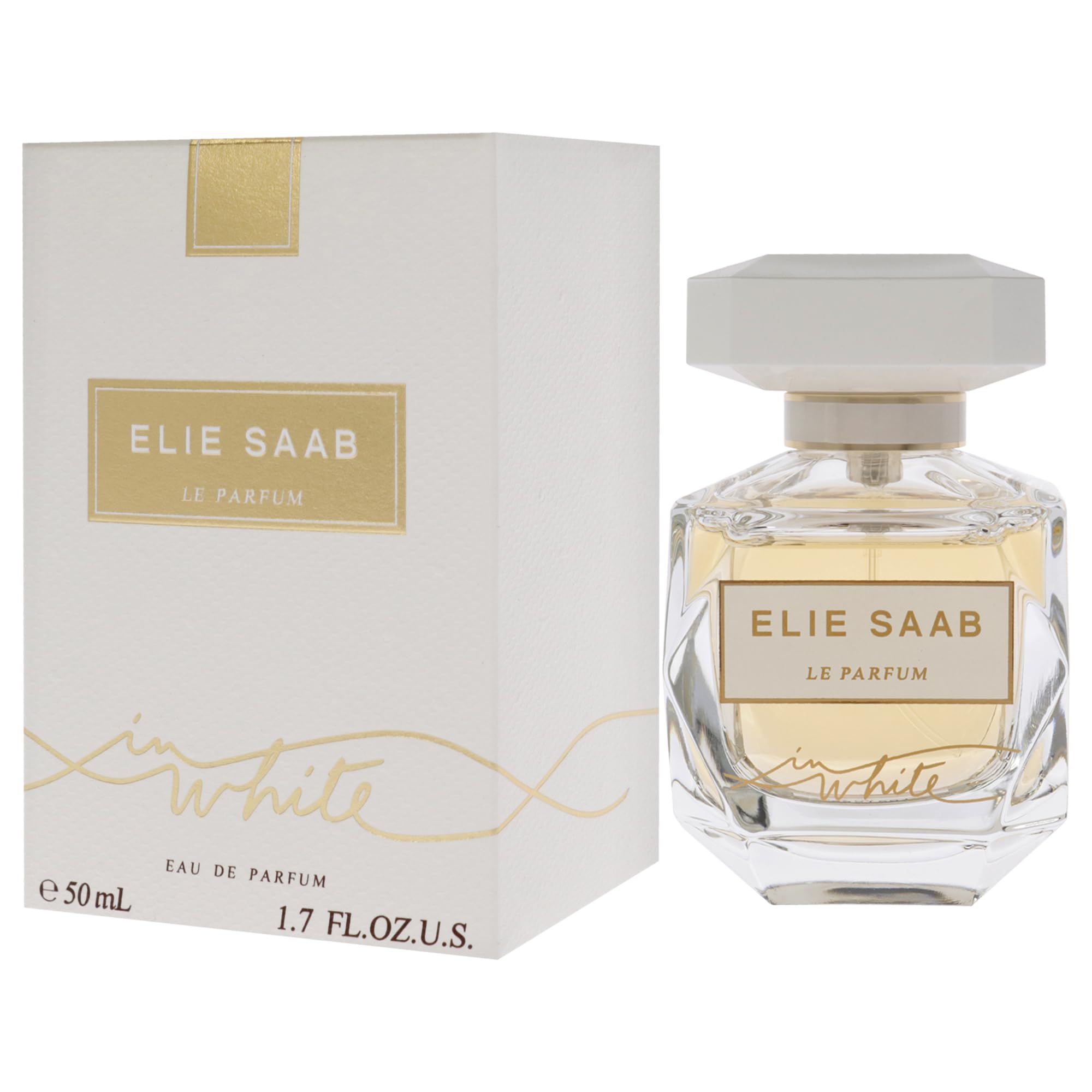 Parfümflakon und Verpackung. Flakon mit weißem Deckel. Verpackung mit goldener Schrift: ELIE SAAB LE PARFUM in white. 50ml.