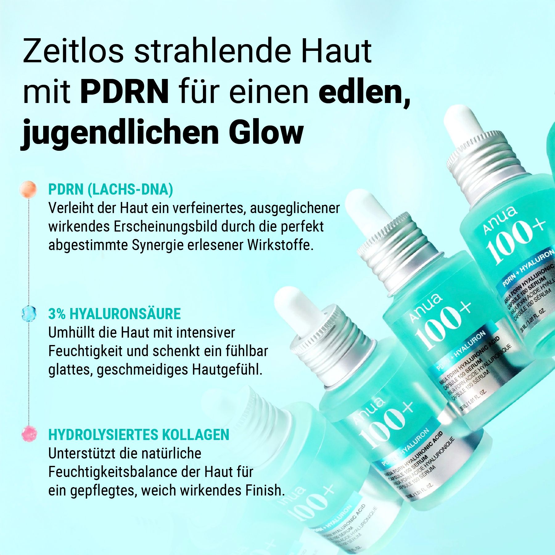 Mehrere Serumflaschen, Marke Anua. Aufschrift: 100+. Text: PDRN, 3% Hyaluronsäure, hydrolysiertes Kollagen. Jugendlicher Glow.