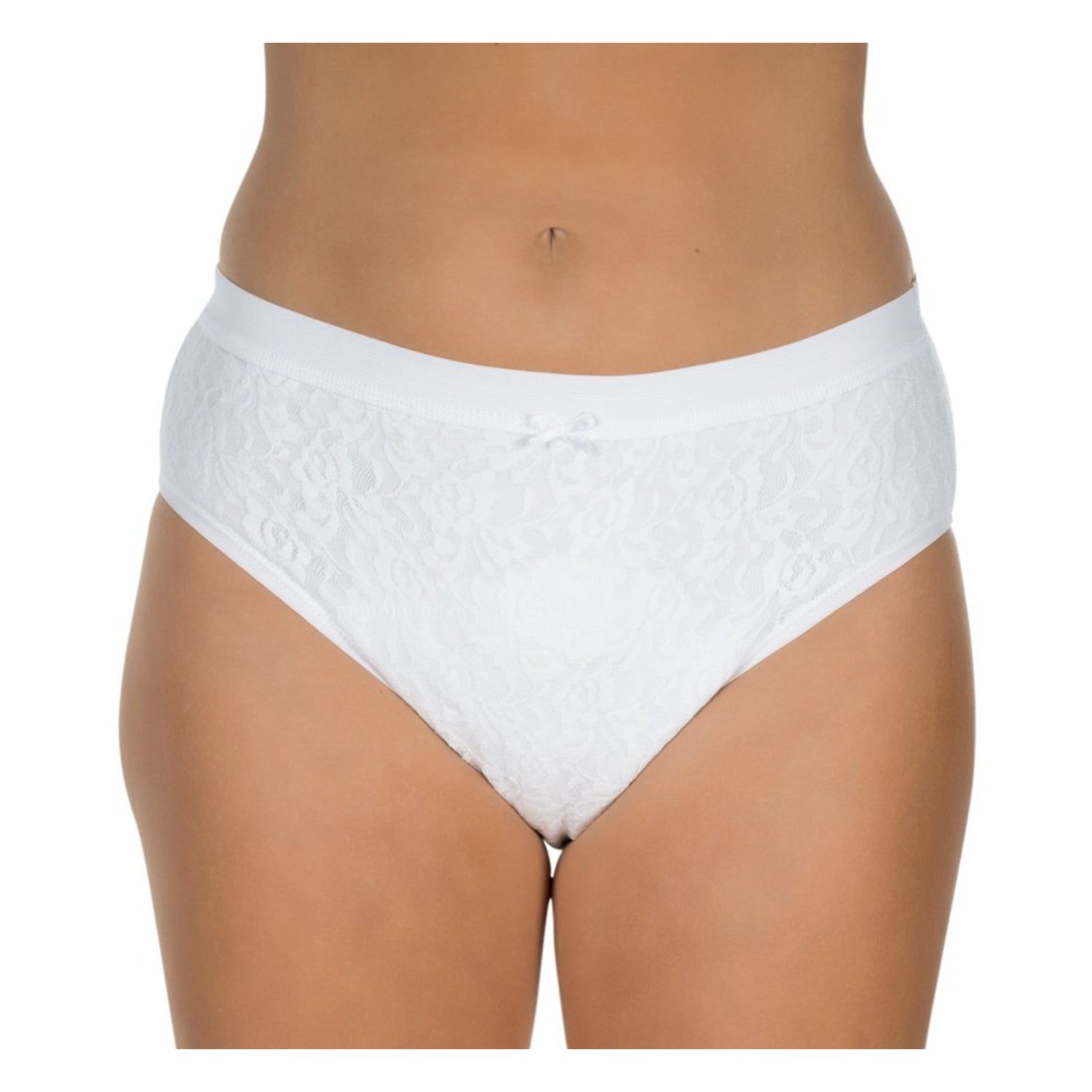 Weißer Spitzenslip mit mittlerer Harninkontinenz. Schleife am Bund. Frontansicht.