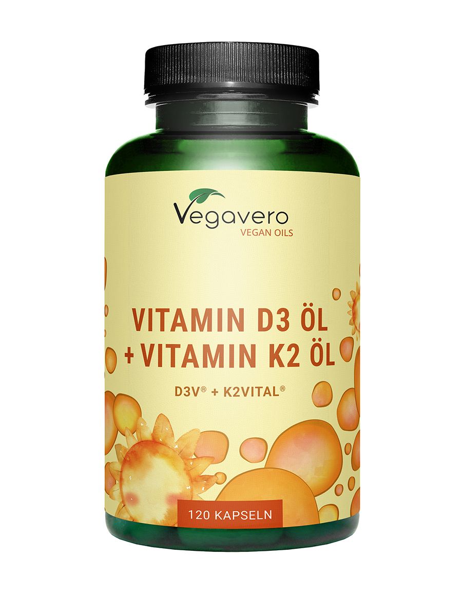 Braune Flasche mit gelbem Etikett. Aufschrift: Vegavaro, Vitamin D3 Öl + Vitamin K2 Öl, 120 Kapseln.