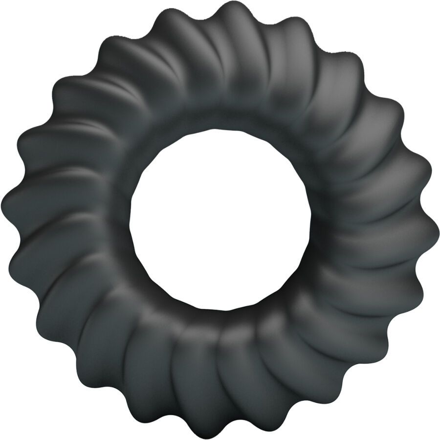 Schwarzer, ringförmiger Penisring aus Silikon mit gewellter Oberfläche. Das Produkt hat eine runde Öffnung in der Mitte.