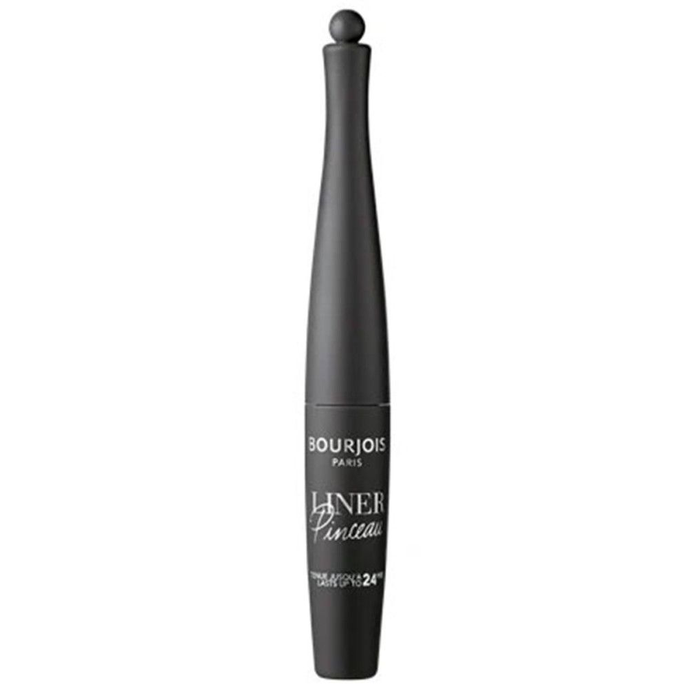 Schwarzer Eyeliner von Bourjois. Flasche mit Pinsel, schwarzer Deckel. Aufschrift: Liner Pinceau Waterproof 24h.