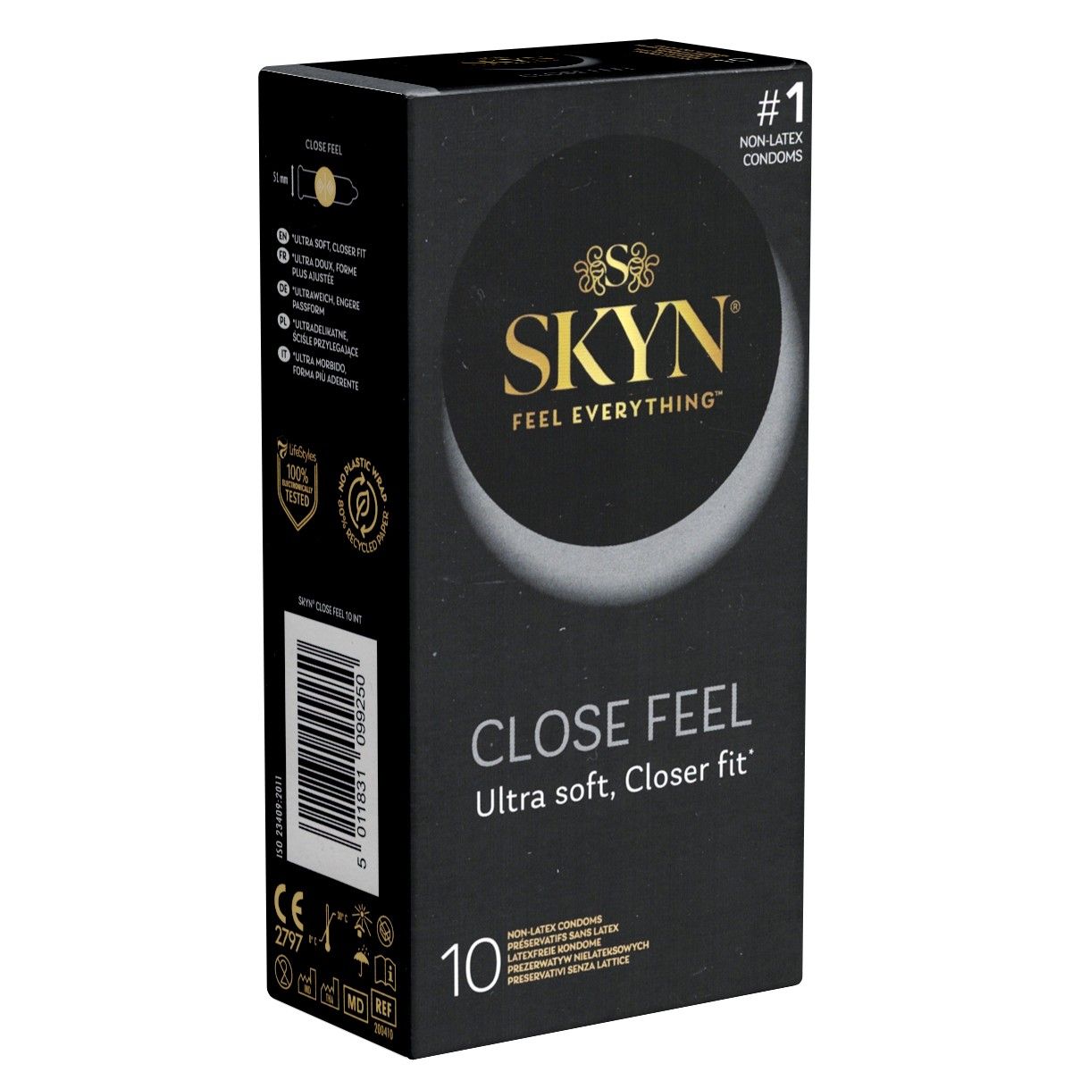 Schwarze Schachtel mit SKYN-Logo und Text. Enthält 10 Kondome. Aufschrift: Close Feel, Ultra soft, Closer fit.