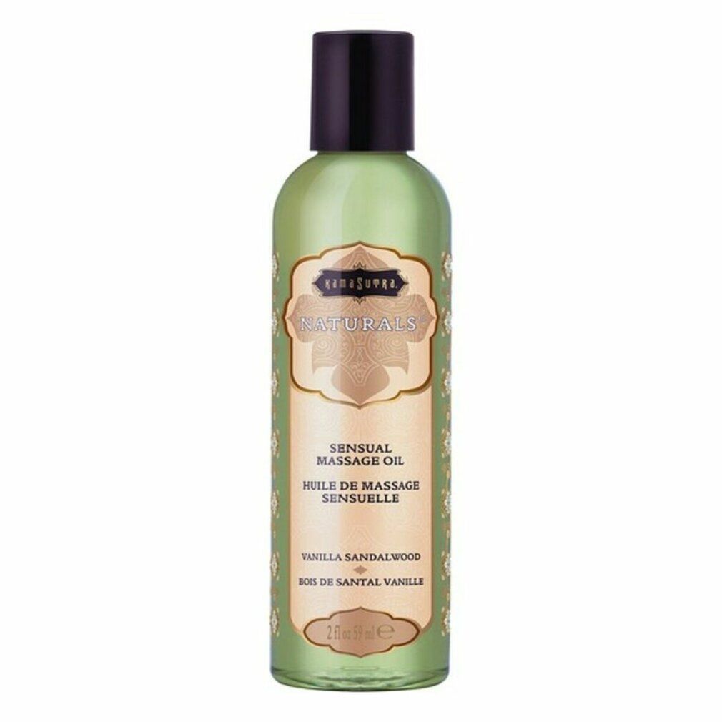 Grüne Flasche mit schwarzem Deckel. Aufschrift: Naturals, Sensual Massage Oil, Vanilla Sandelwood. Etikett mit floralem Muster.