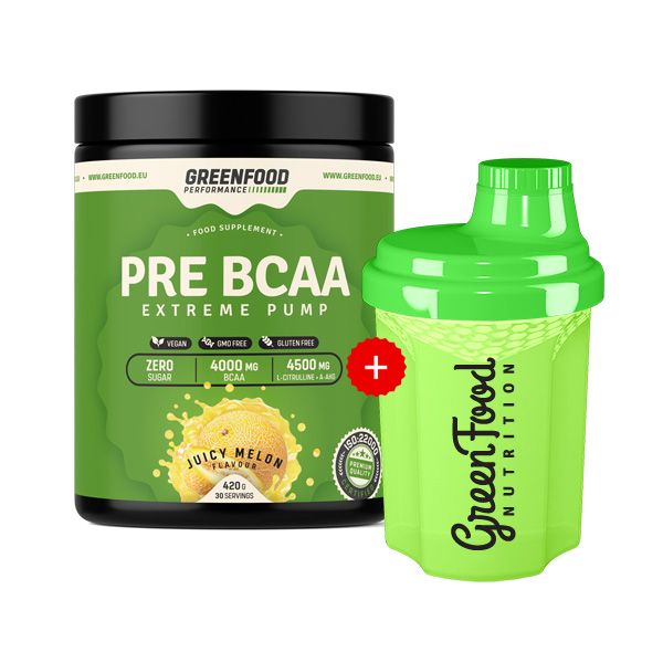 Grünes Supplement-Behälter und Shaker. Aufschrift: PRE BCAA, Extreme Pump, Juicy Melon. Shaker mit GreenFood Nutrition Logo.