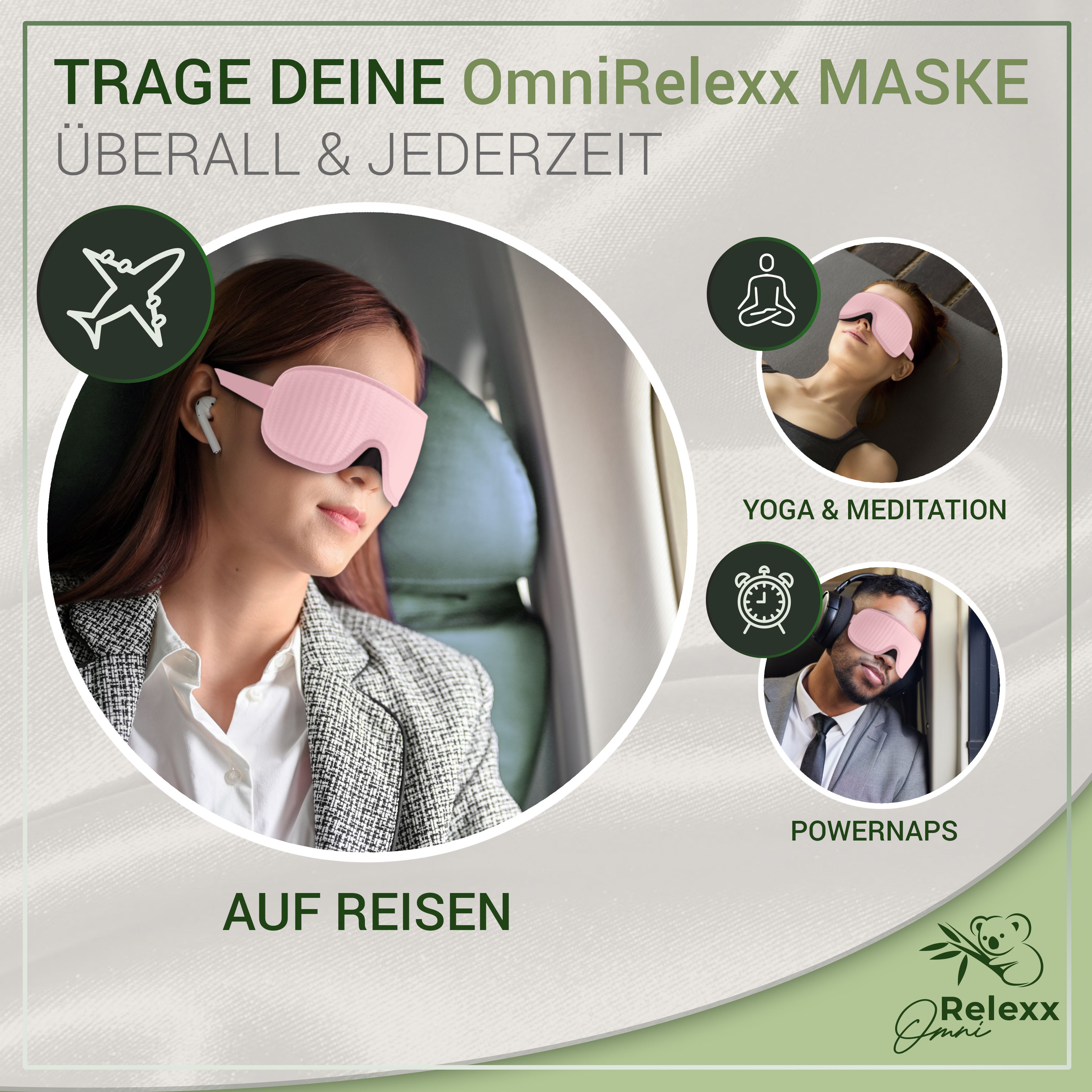 Frau mit rosa Schlafmaske im Flugzeug, Yoga, Powernaps. Text: Trage deine OmniRelexx Maske überall.