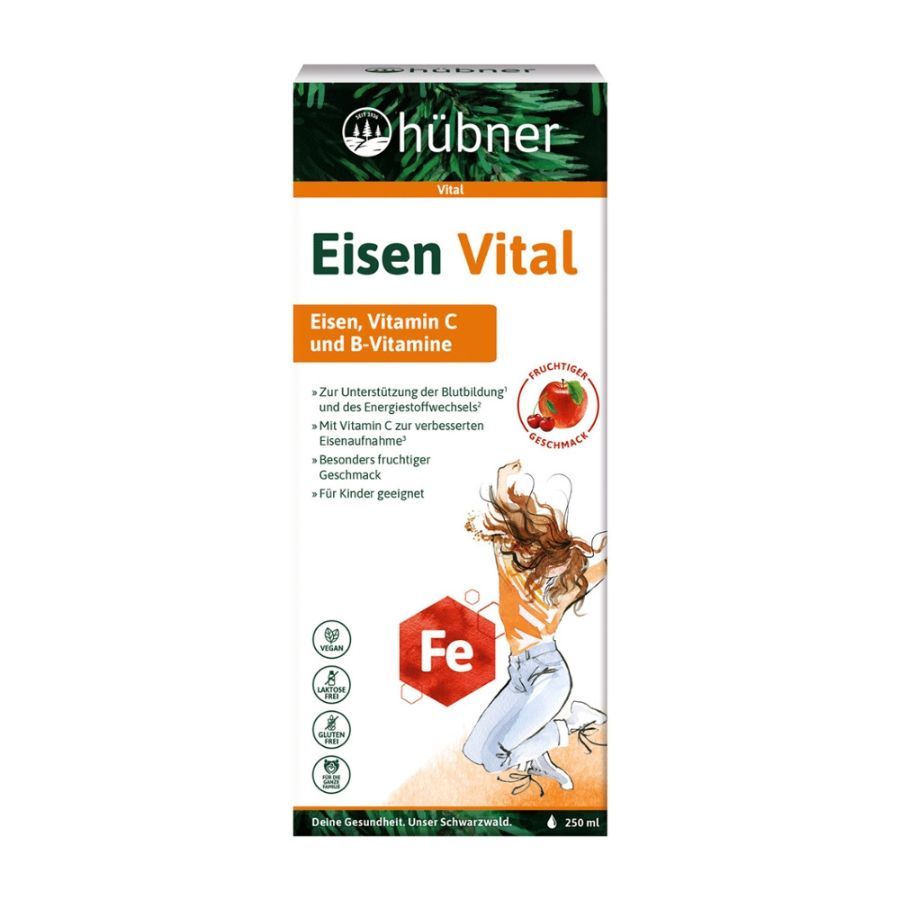 Anton Hübner Eisen Vital Bio. Weiße Verpackung mit Produktnamen und Illustration. Enthält Eisen, Vitamin C und B-Vitamine.