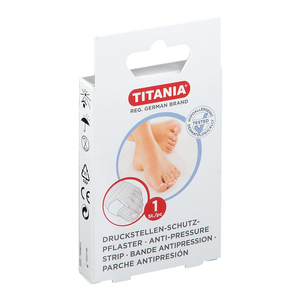 TITANIA® Druckstellen-Schutzpflaster Verpackung. Weißer Karton mit Produktabbildung und Logo. Hypoallergen getestet.