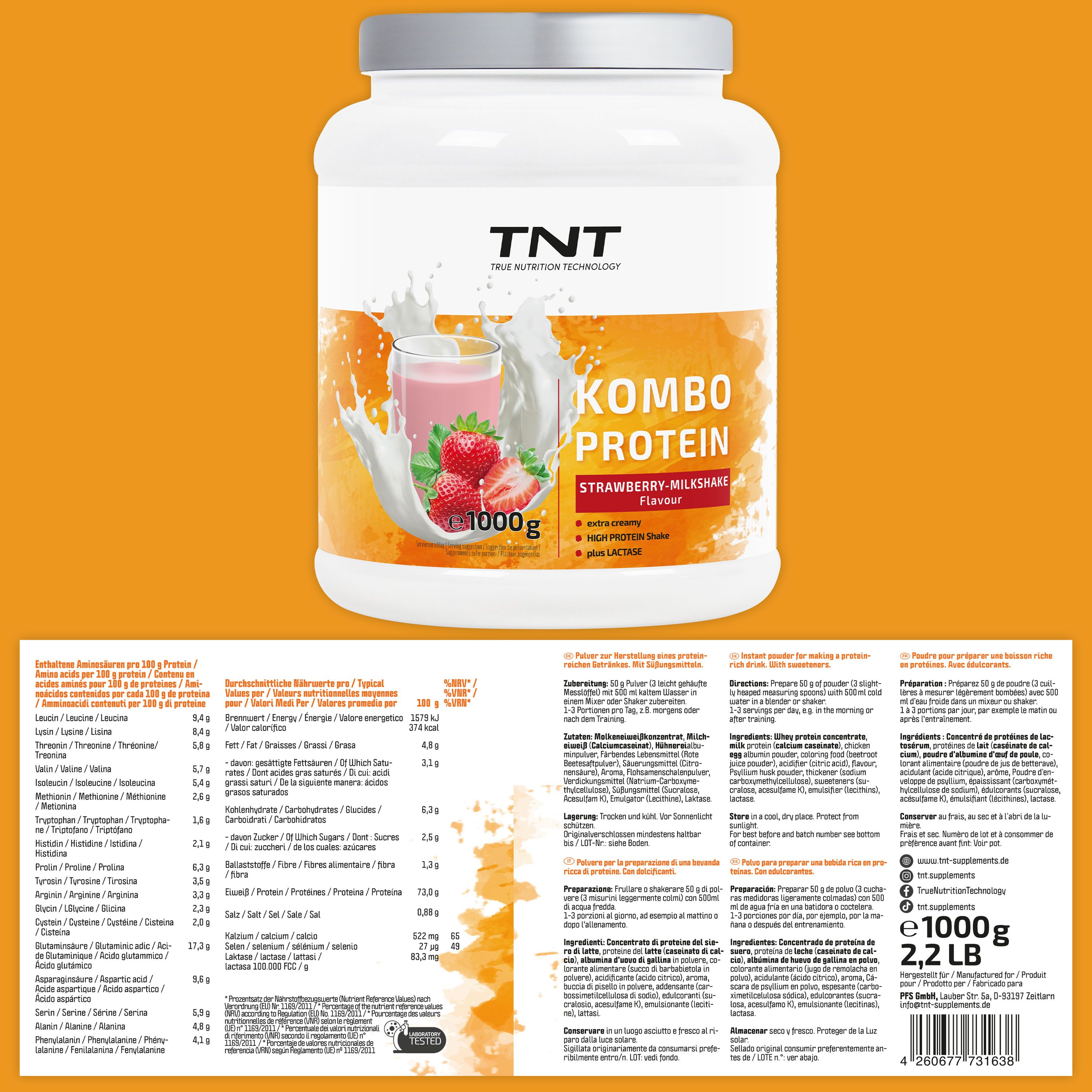 Weißes TNT Kombo Protein-Behälter mit Erdbeer-Milchshake-Geschmack. Etikett mit Nährwertangaben. 1000g, 2,2 LB.