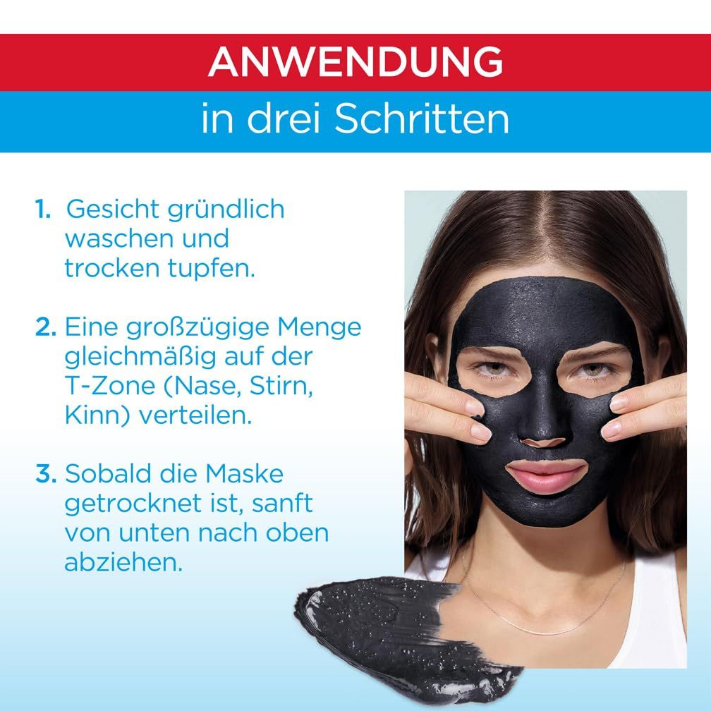 Anwendung in drei Schritten. Maske auf Gesicht auftragen, trocknen lassen, abziehen.