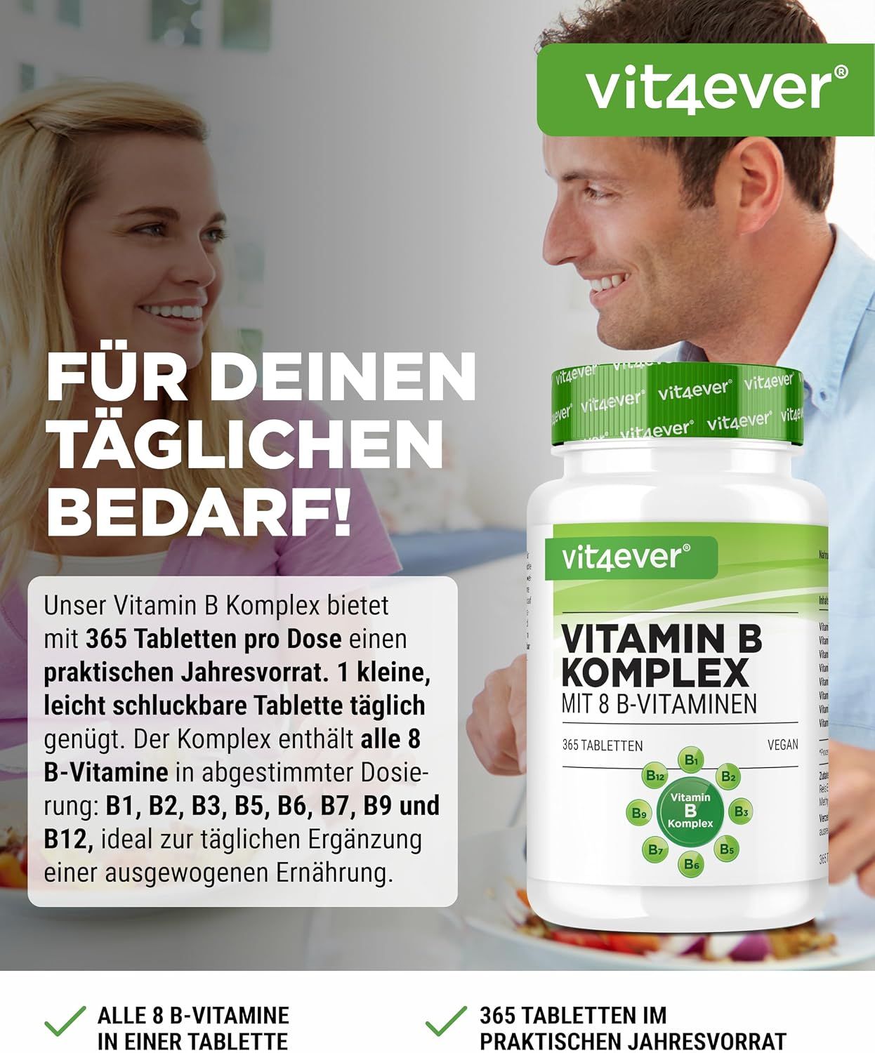 Mann und Frau lächeln, Vit4ever Vitamin B Komplex Flasche im Vordergrund.