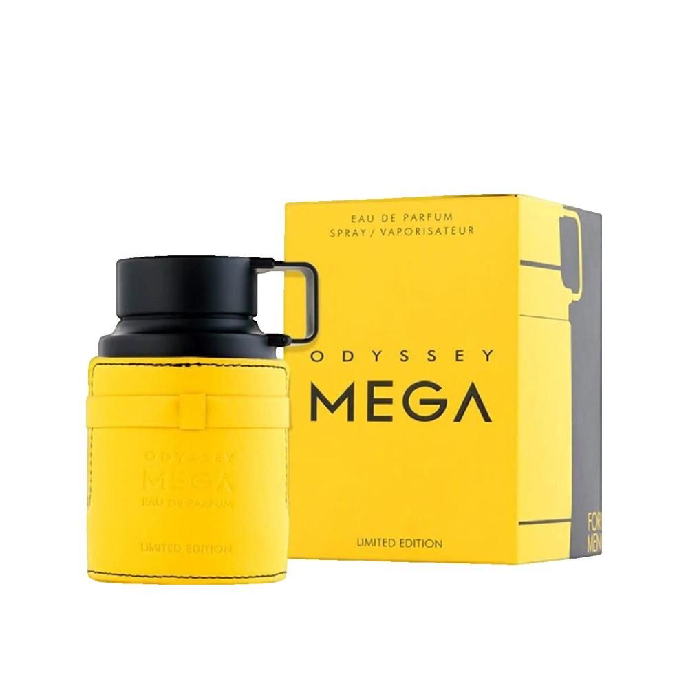 Gelbe Flasche mit schwarzem Deckel und Griff, neben gelber Schachtel. Aufschrift MEGA und Limited Edition.