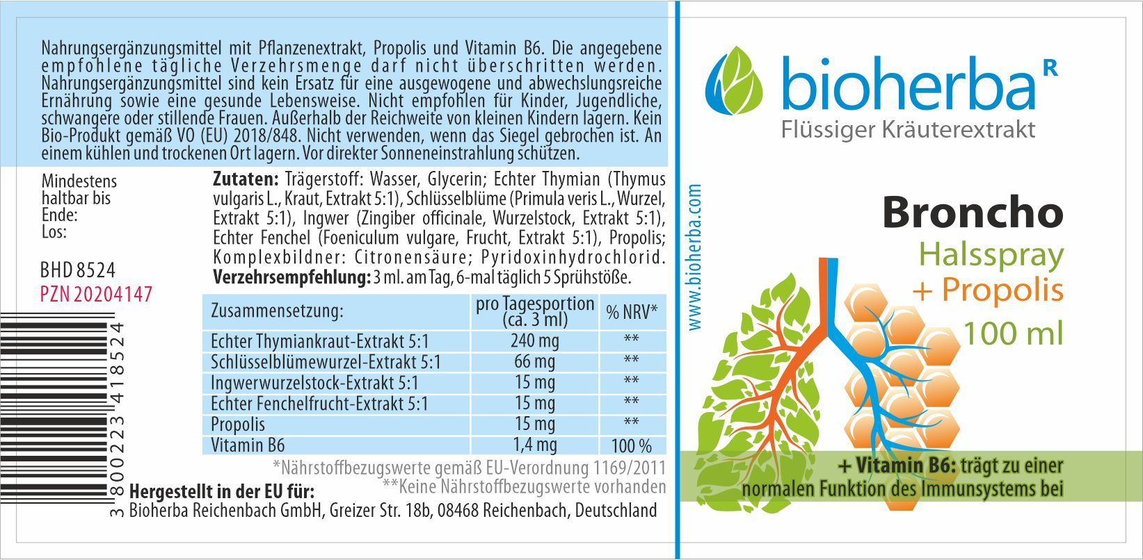 Etikett mit Text und Inhaltsangaben. "Bioherba Broncho Halsspray + Propolis" und Illustration. Text in deutscher Sprache.