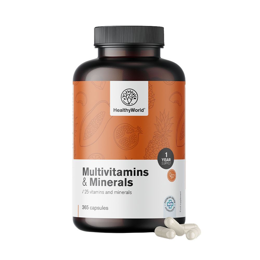 Braune Flasche mit weißen Kapseln. Aufschrift: Multivitamine & Minerals, 365 Kapseln. Logo: HealthyWorld. Mit Siegel.