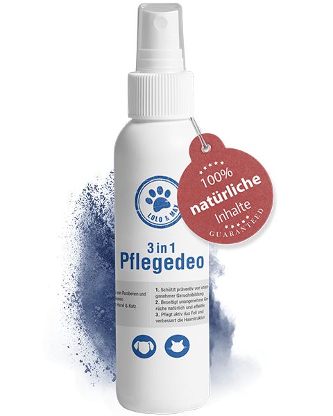 Weißes Pflegespray mit rotem Anhänger. Aufschrift: 3 in 1 Pflegedeo. Logo: Pfote. 100% natürliche Inhaltsstoffe.