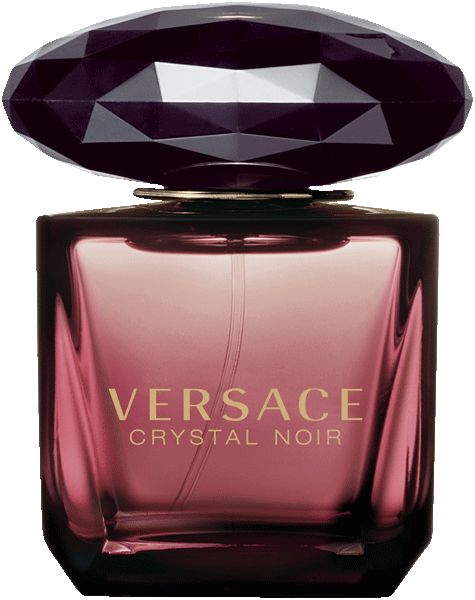 Versace Crystal Noir Flakon. Eckiger, rosafarbener Glasflakon mit schwarzem, facettiertem Deckel. Goldener Schriftzug.