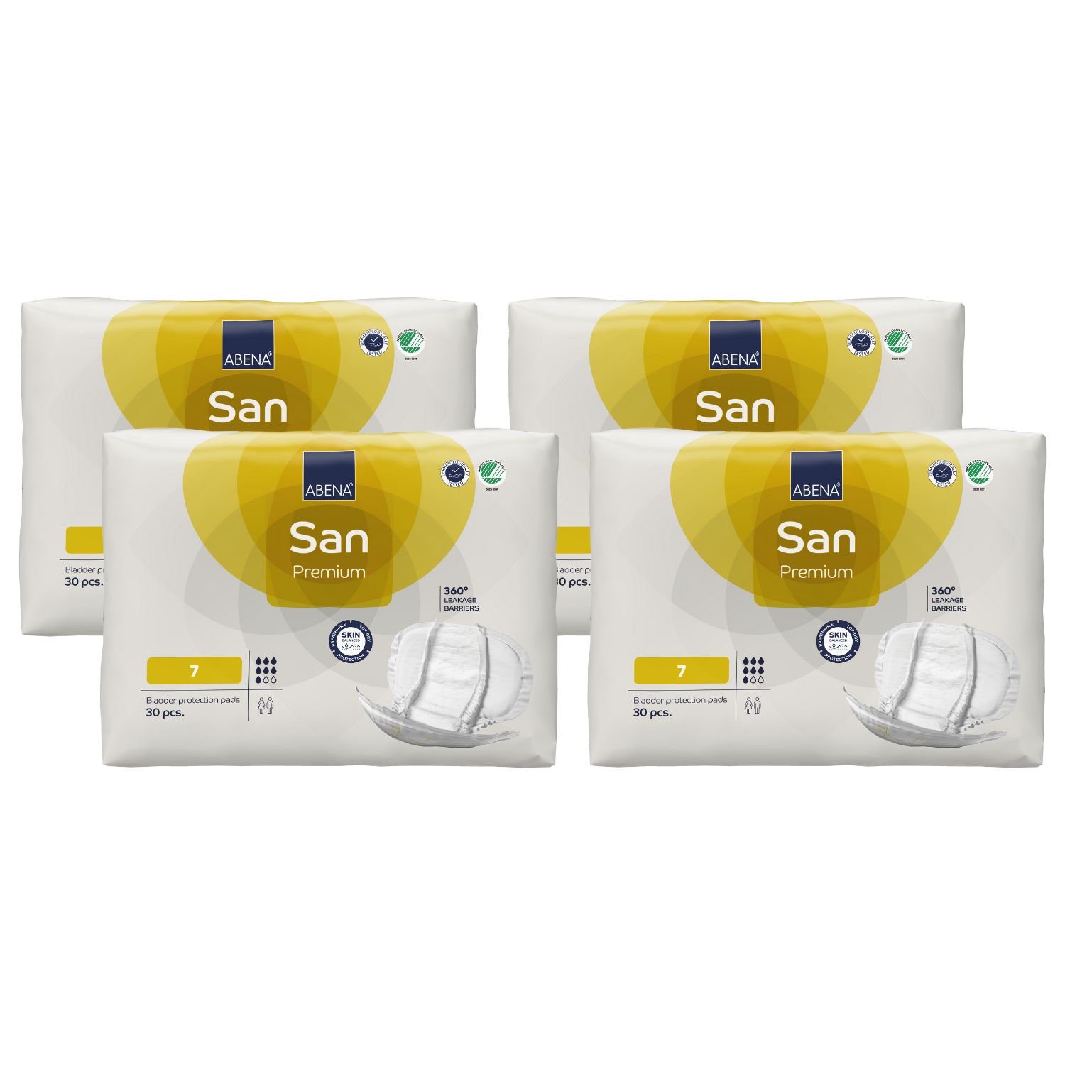 Vier Packungen ABENA San Premium Vorlagen. Jede Packung enthält 30 Stück. Aufdrucke: ABENA San, Premium, Größe 7.