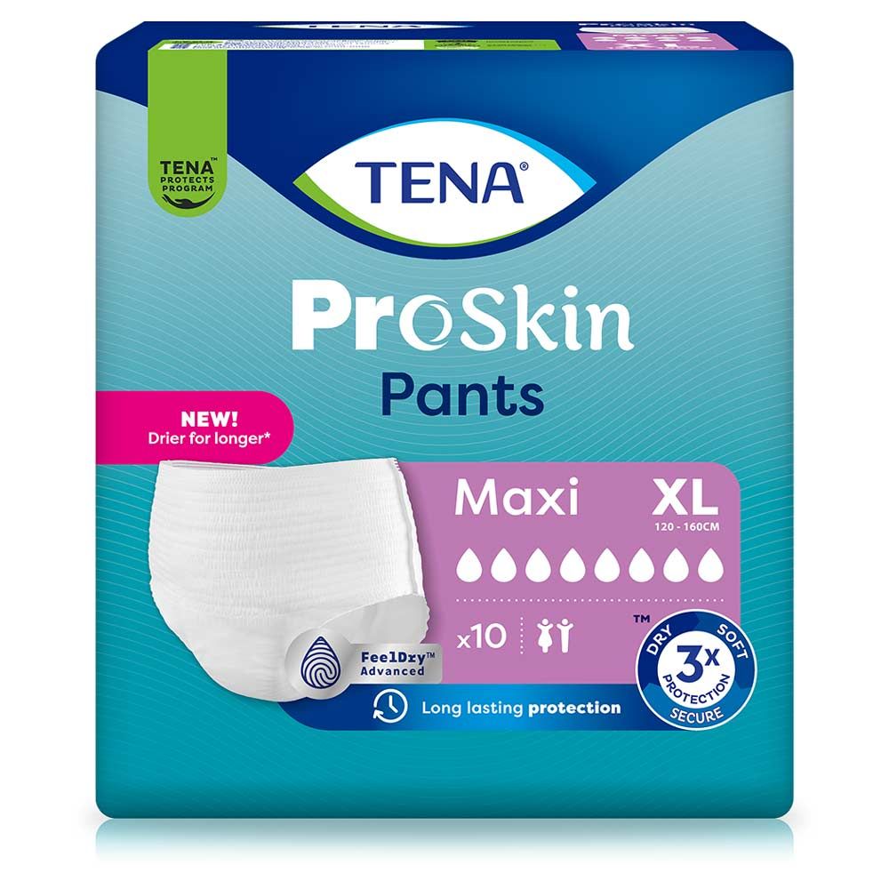 Verpackung TENA ProSkin Pants Maxi XL. Enthält 10 Stück. Größe XL (120-160cm). Mit Logo und Produktbezeichnungen.