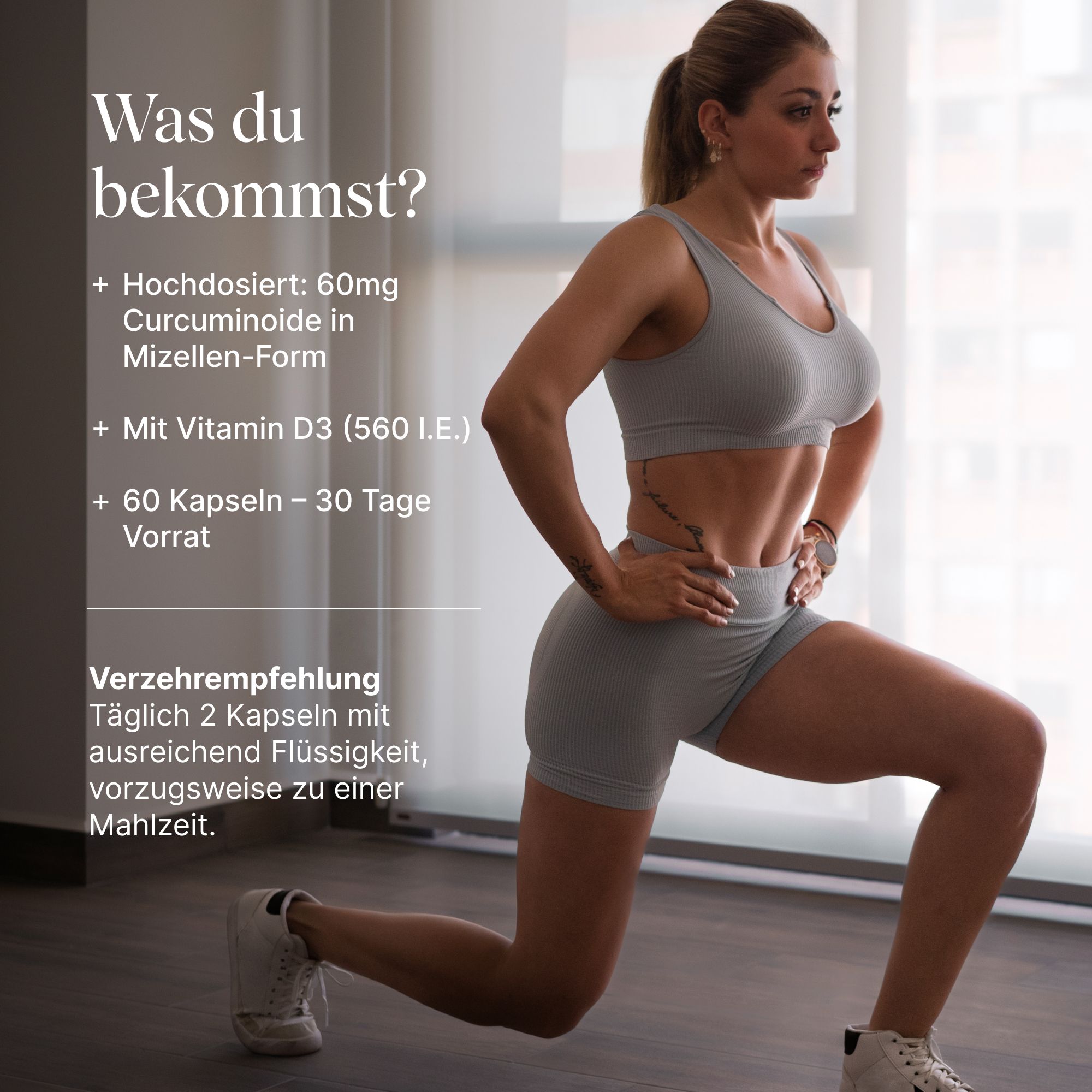 Frau macht Ausfallschritte, mit Details zu VETAIN Kurkuma Kapseln.