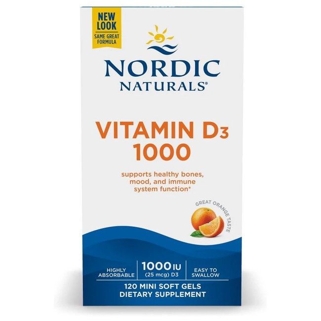 Vorderseite einer Nordic Naturals Vitamin D3 1000 I.E. Packung mit Orangenaroma, 120 Mini Soft Gels.