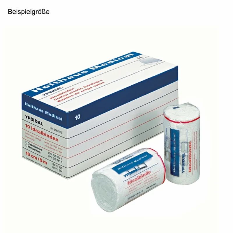 Verpackung mit 10 Bandagen. Zwei Rollen daneben. Aufschrift: Holthaus Medical, YPSIDAL, 10 cm/5 m.