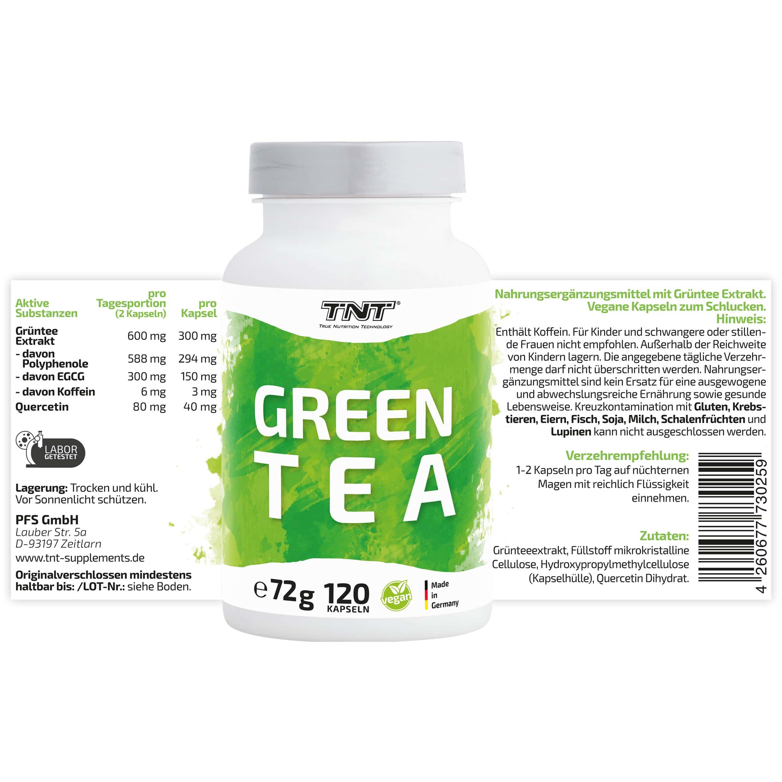 Produktflasche mit Etikett. Text: GREEN TEA, 120 Kapseln. Inhaltsstoffe und Nährwertangaben. Marke: TNT.